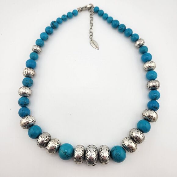 Vintage Faux Turquoise Necklace 20" Southwest Boho Coldwater Creek Silver Etched - Picture 3 of 7